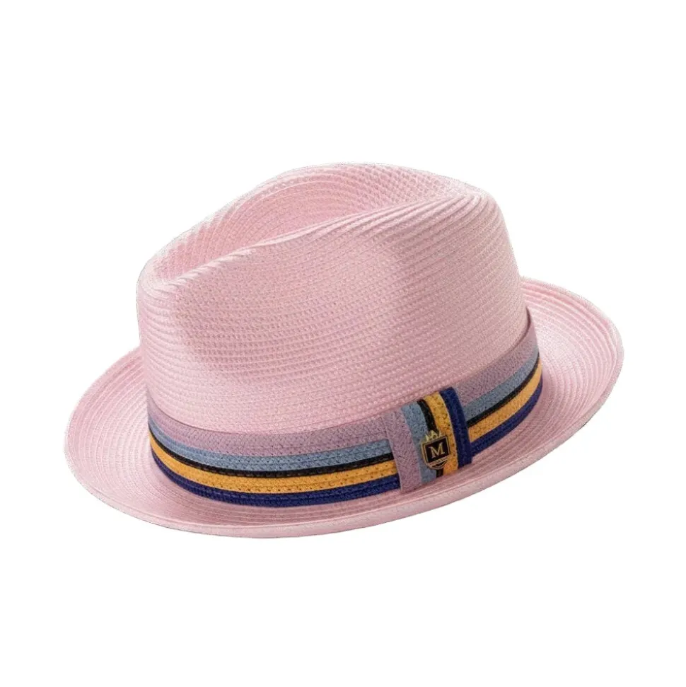 Pink Braided Fedora Hat with Multi-Color Striped Band