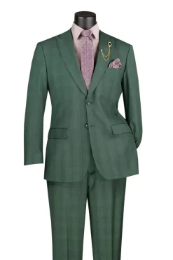 Pompey Collection - Men's Glen Plaid Dress Suit 2 Piece Regular Fit in Forest Green with Adjustable Waistband Pants