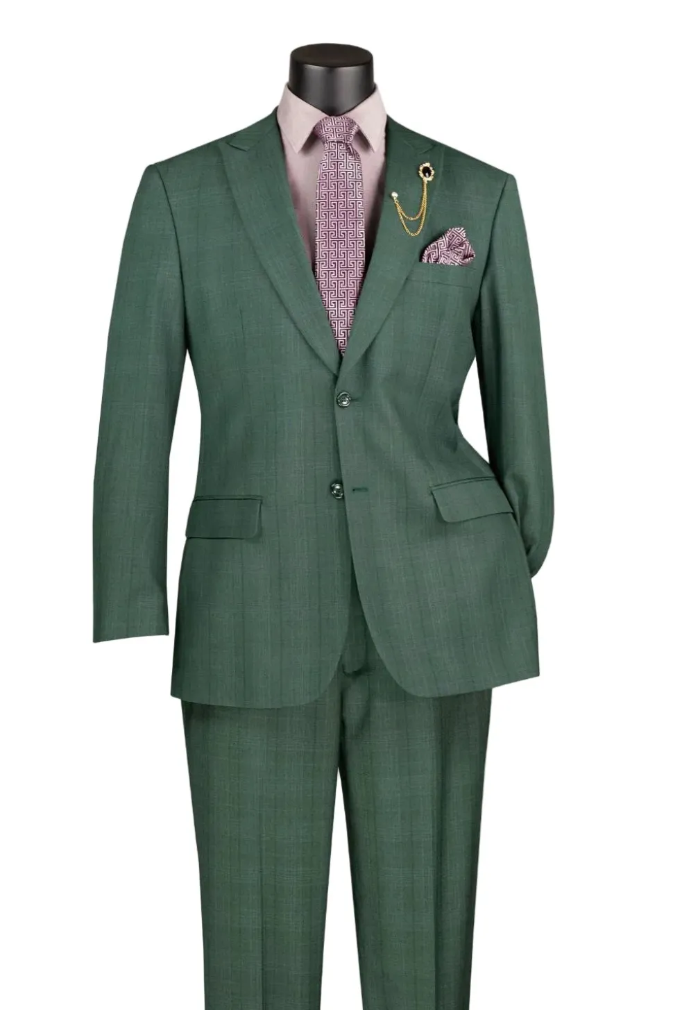 Pompey Collection - Men's Glen Plaid Dress Suit 2 Piece Regular Fit in Forest Green with Adjustable Waistband Pants
