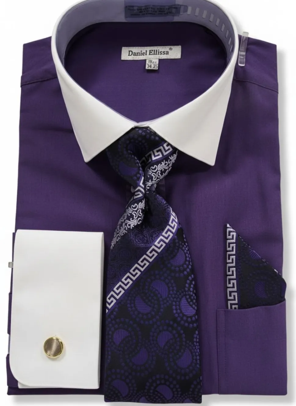 Purple Geometric Jacquard Pattern French Cuff Dress Shirt Set