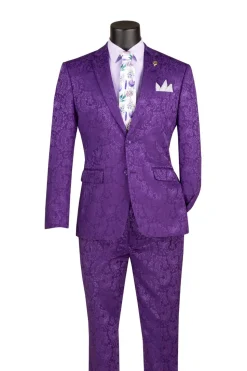 Purple Tone on Tone Paisley Pattern Slim Fit Men's 2 Piece Suit