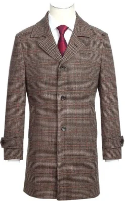 (46R) Brown Slim Fit Wool Blended Long Overcoat