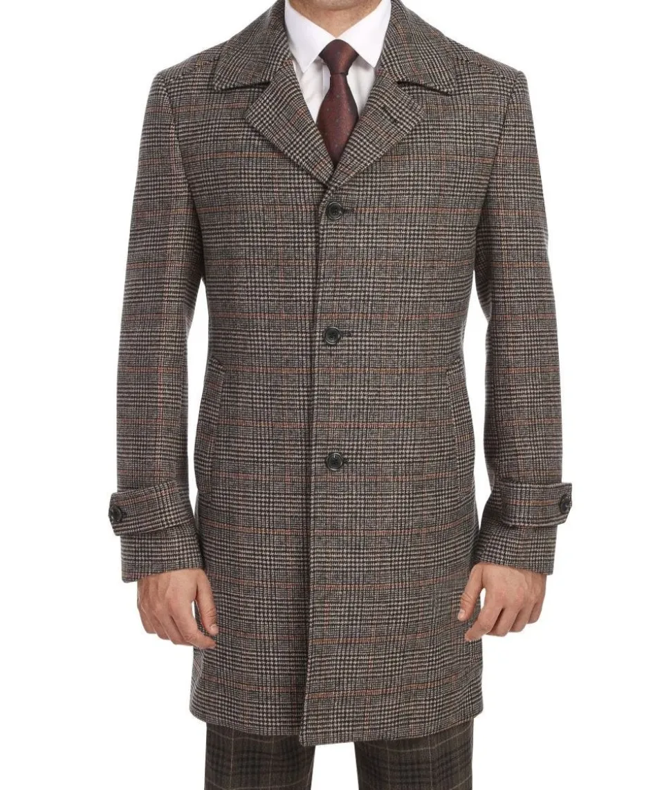 (46R) Brown Slim Fit Wool Blended Long Overcoat
