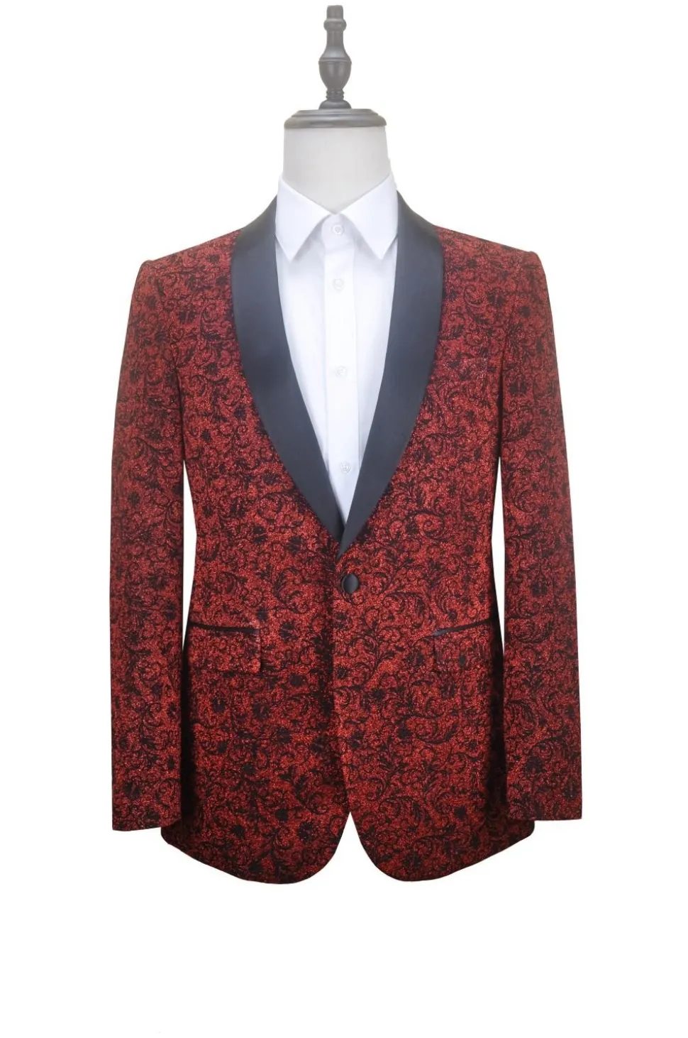 Red Slim Fit Floral Pattern Jacket Shawl Lapel