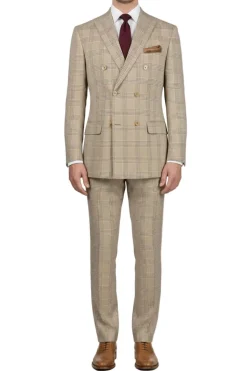 Regular Fit Beige Glen Plaid Double Breasted 2-Piece Suit