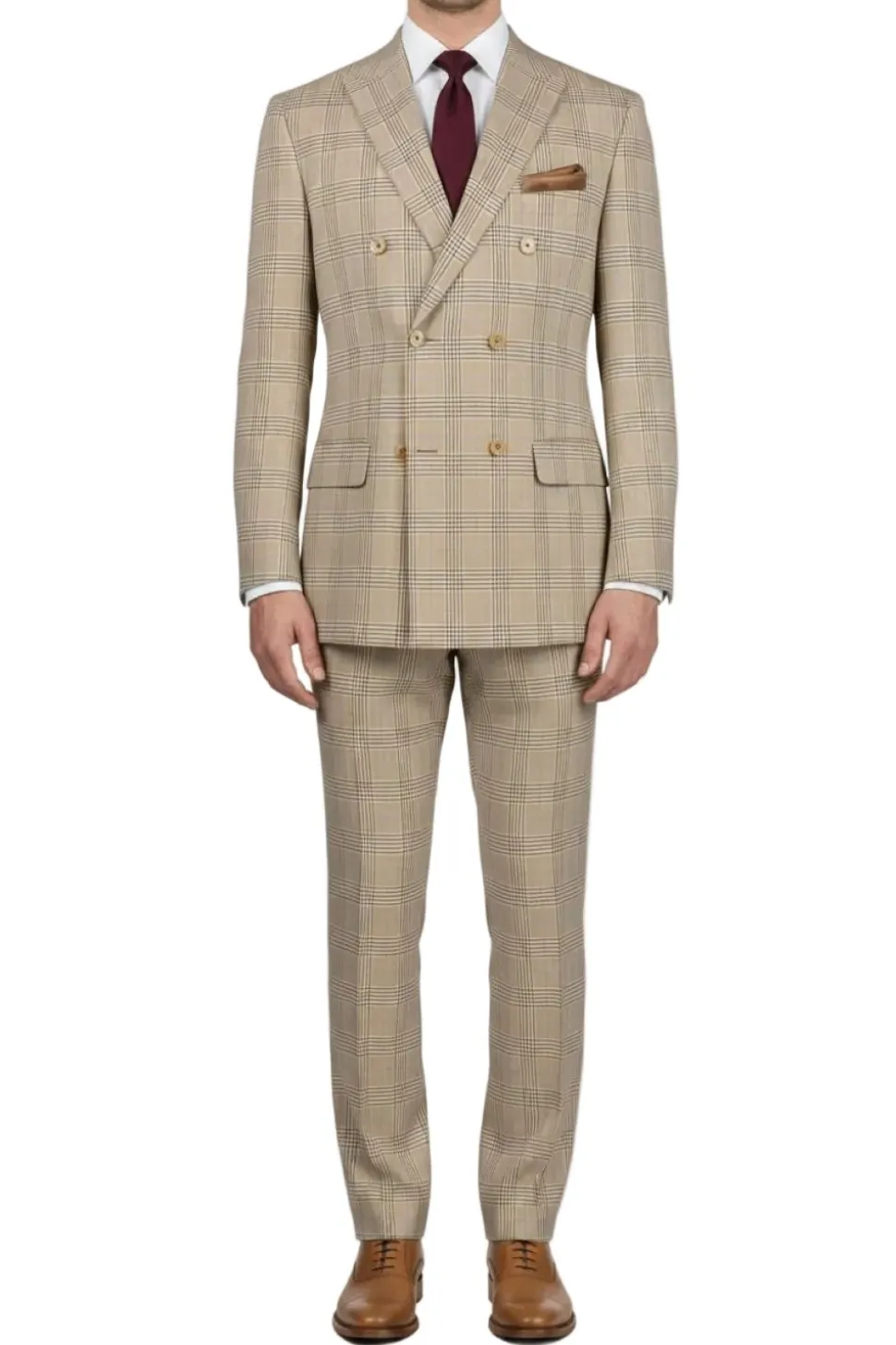 Regular Fit Beige Glen Plaid Double Breasted 2-Piece Suit