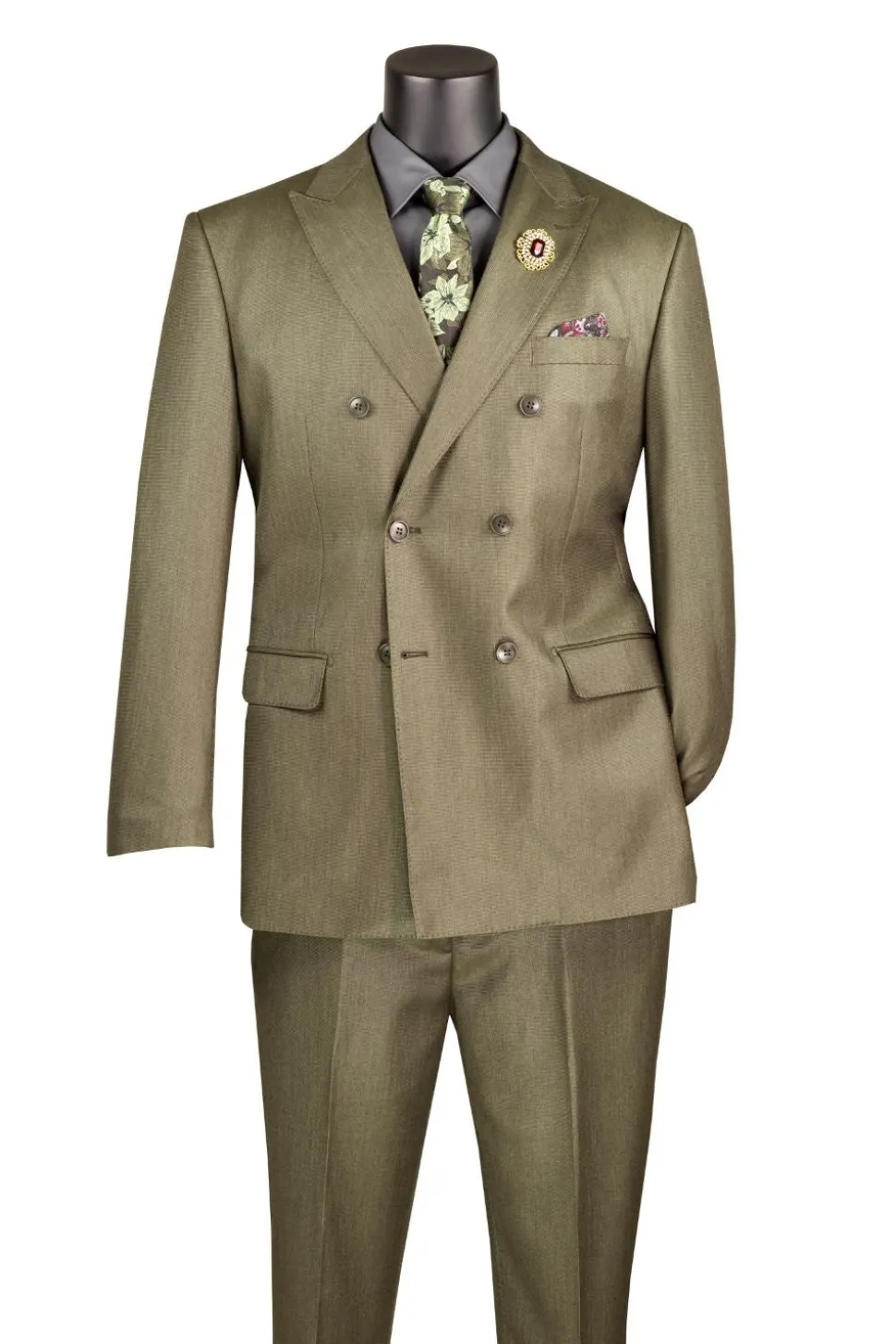 Regular Fit Dusty Green Double Breasted 2 Piece Sharkskin Suit with Adjustable Waistband Pants