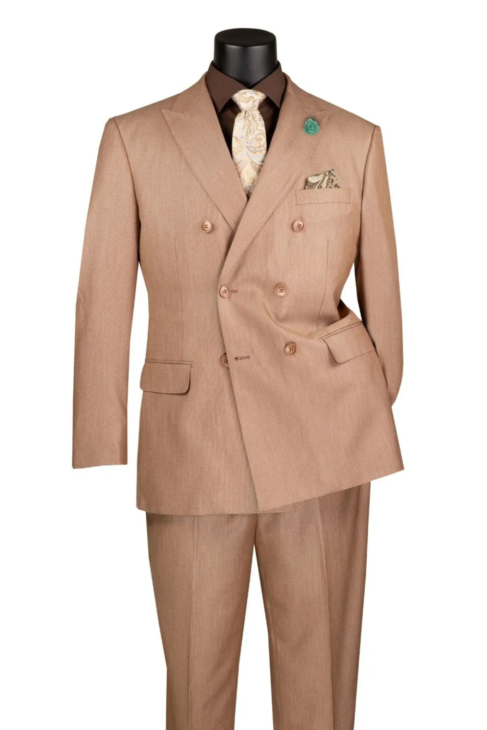 Regular Fit Mocha Double Breasted 2 Piece Sharkskin Suit with Adjustable Waistband Pants