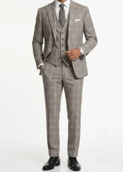 Regular Fit Plaid 3 Piece Suit in Taupe