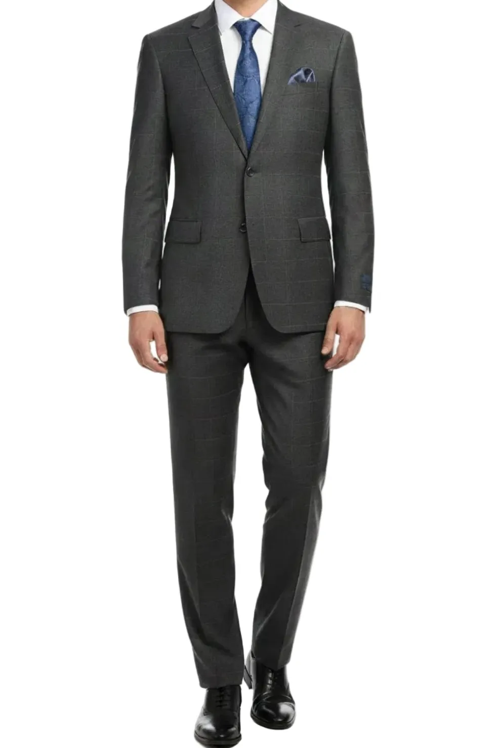 (50 Regular) Gray Regular Fit Wool Blend Windowpane 2 Piece Suit