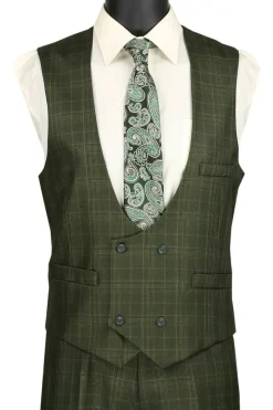 Renaissance Collection - Regular Fit Glen Plaid 3 Piece Suit Olive