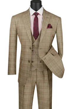 Renaissance Collection - Regular Fit Glen Plaid 3 Piece Suit Camel