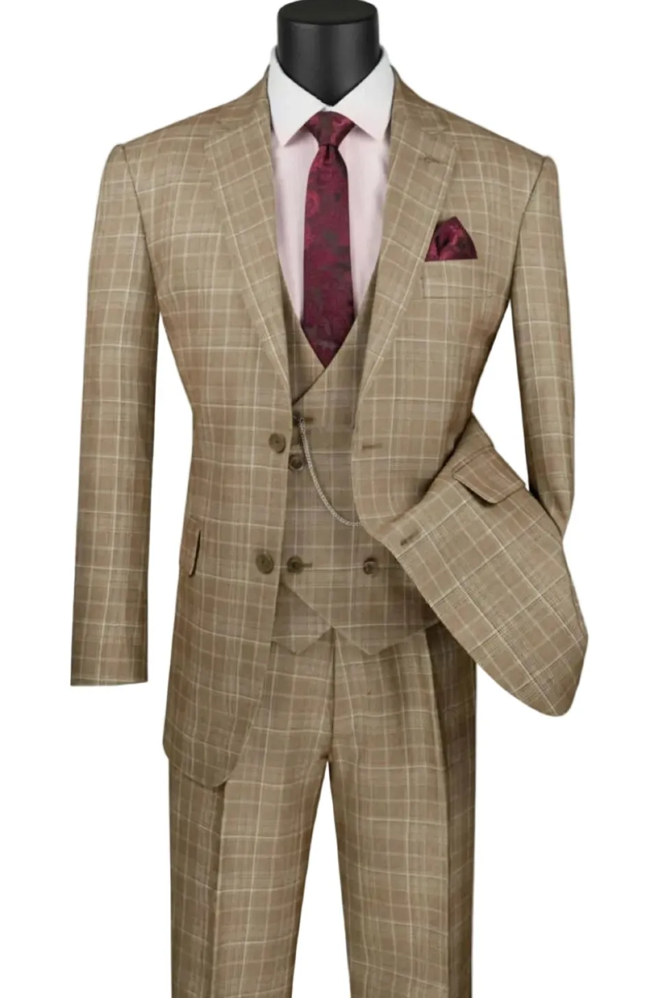 Renaissance Collection - Regular Fit Glen Plaid 3 Piece Suit Camel
