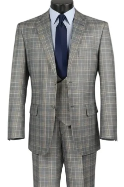 Renaissance Collection - Regular Fit Glen Plaid 3 Piece Suit Gray