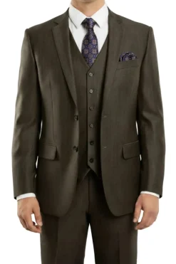 (34R, 40L) Charcoal Brown 3 Piece Modern Fit Suit 2 Button V-Neck Vest