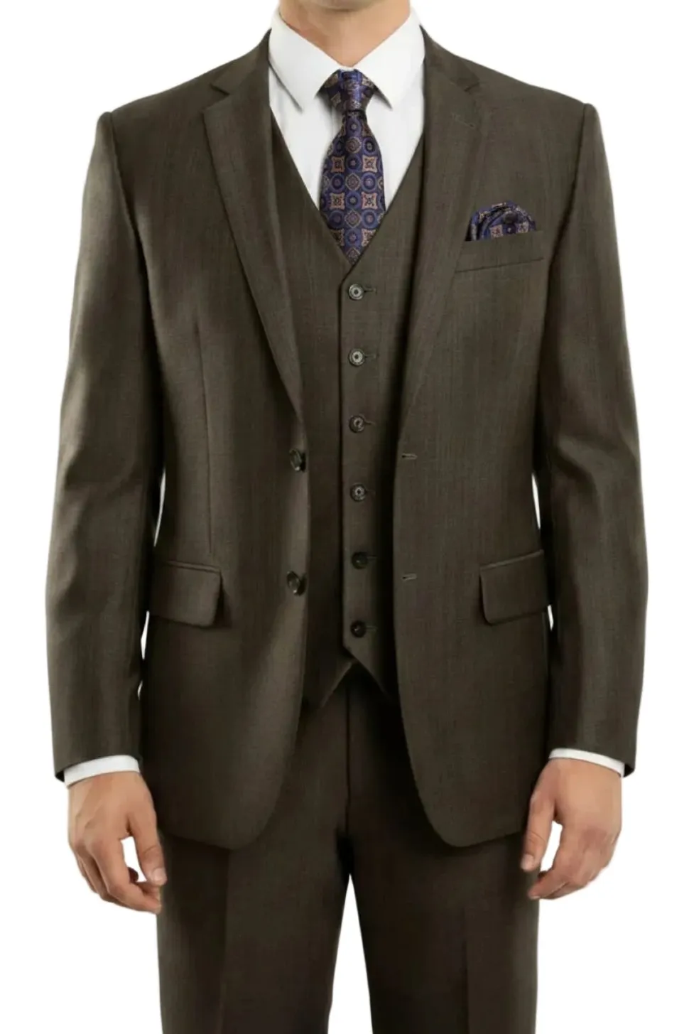 (34R, 40L) Charcoal Brown 3 Piece Modern Fit Suit 2 Button V-Neck Vest