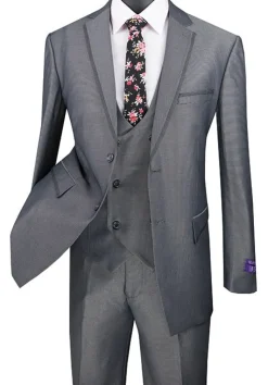 (40R, 48L, 50L, 50L) Birdseye Pattern Modern Fit 3 Piece Charcoal Suit