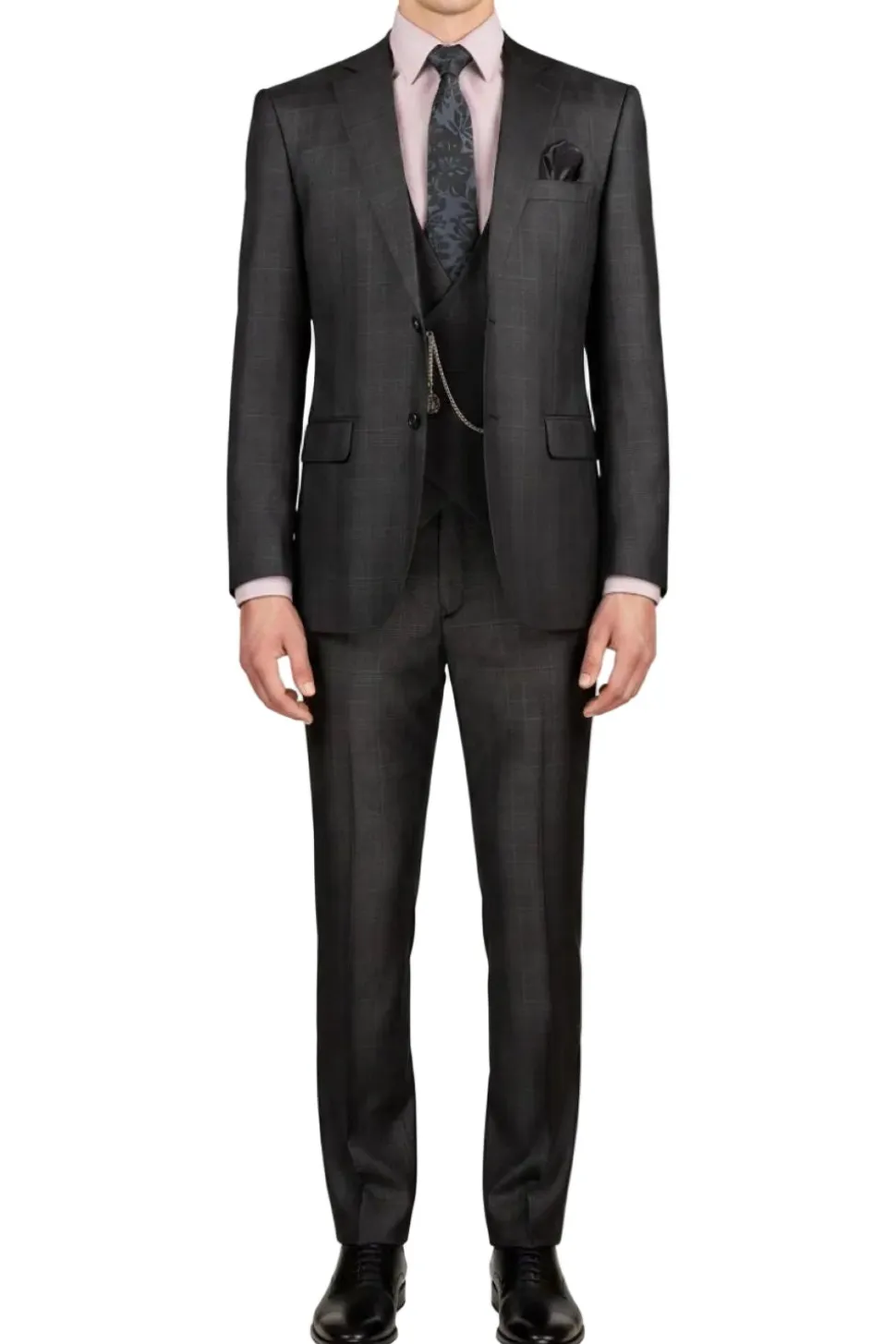 (40R, 42L, 44L, 48R, 52L, 54L) Black 3-Piece Regular Fit Glen Plaid Suit