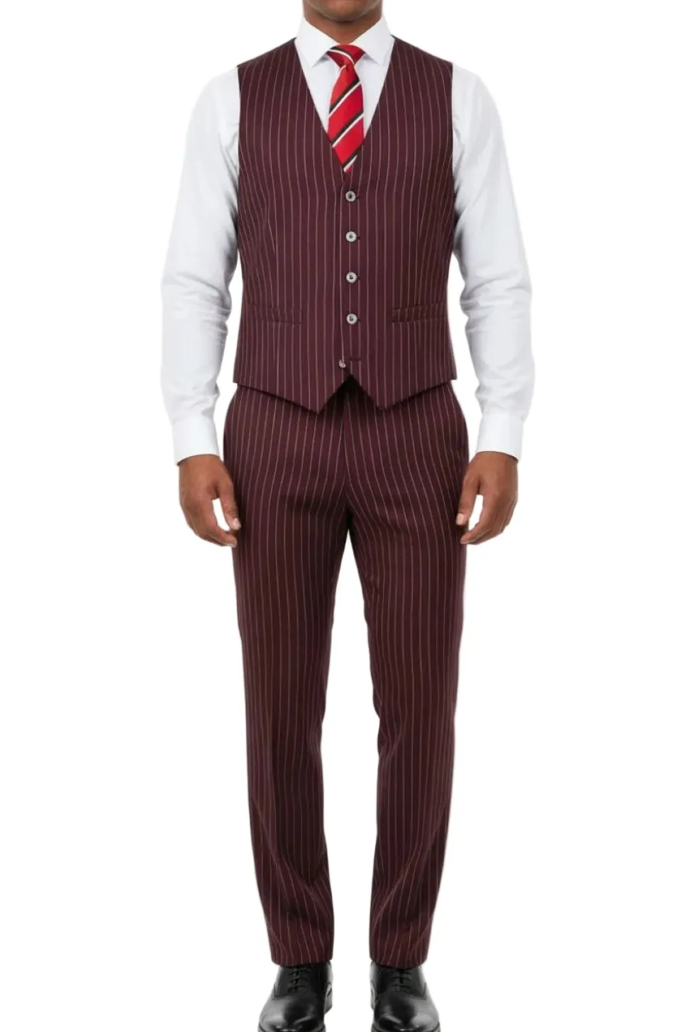 (40R, 42L, 42R, 52L) Regular Fit Burgundy 3 Piece Pinstripe Suit