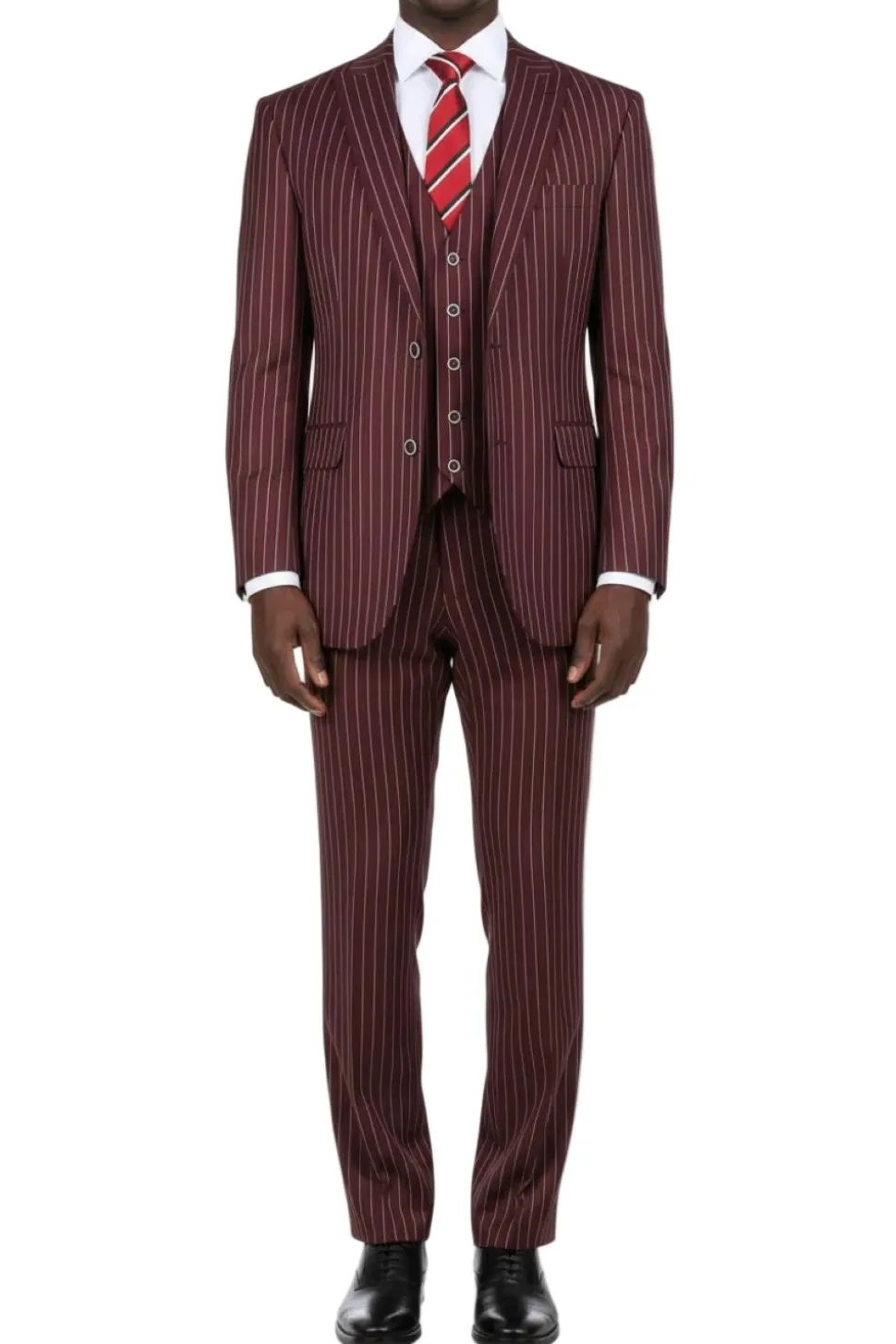 (40R, 42L, 42R, 52L) Regular Fit Burgundy 3 Piece Pinstripe Suit