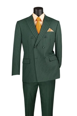 Rockefeller Collection - Double Breasted Stripe Suit Hunter Green Regular Fit 2 Piece with Adjustable Waistband Pants