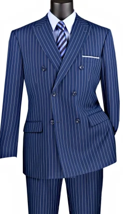Rockefeller Collection - Double Breasted Stripe Suit Blue Regular Fit 2 Piece with Adjustable Waistband Pants