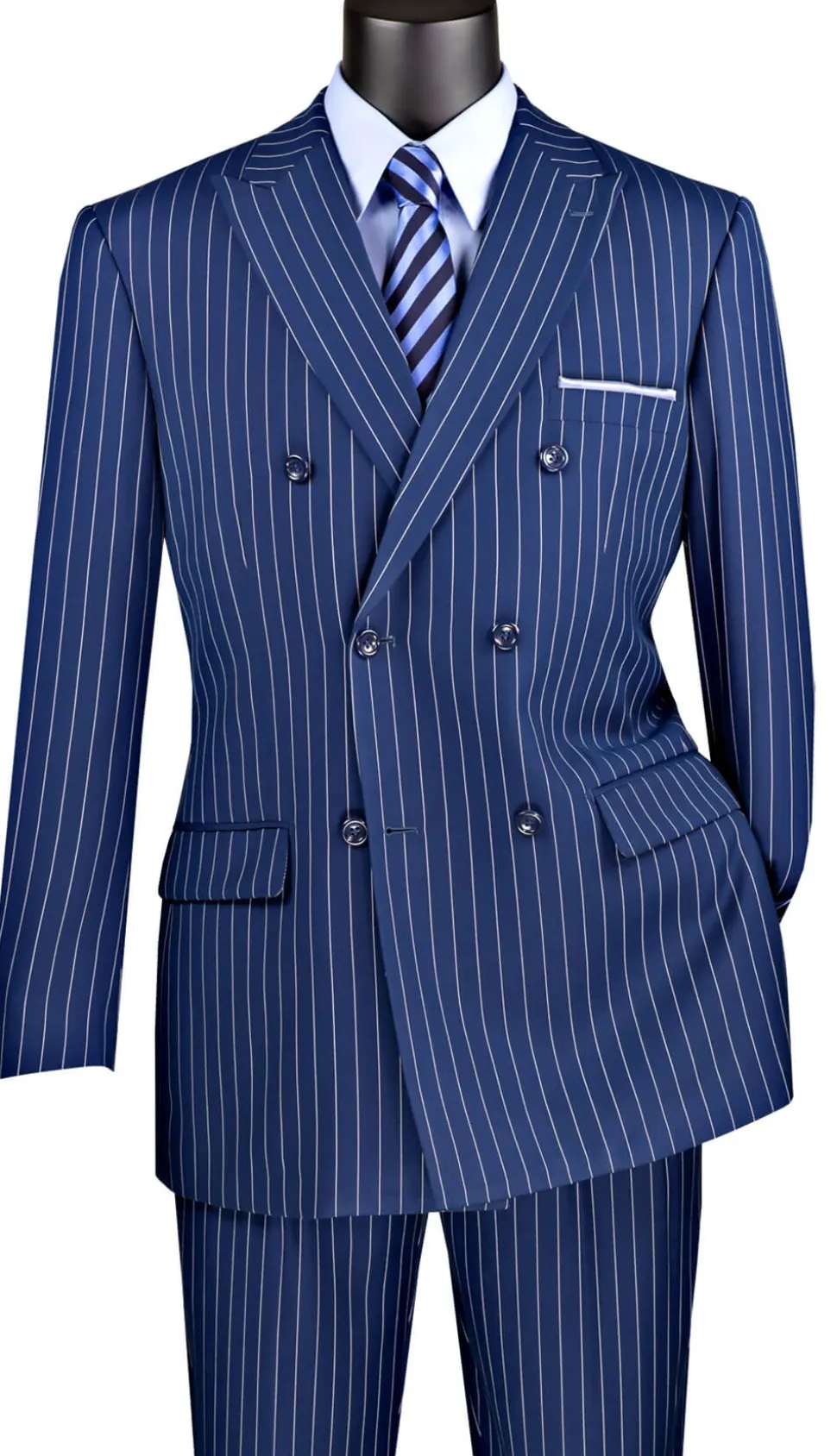 Rockefeller Collection - Double Breasted Stripe Suit Blue Regular Fit 2 Piece with Adjustable Waistband Pants