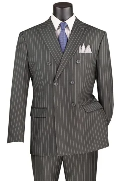 Rockefeller Collection - Double Breasted Stripe Suit Charcoal Regular Fit 2 Piece with Adjustable Waistband Pants