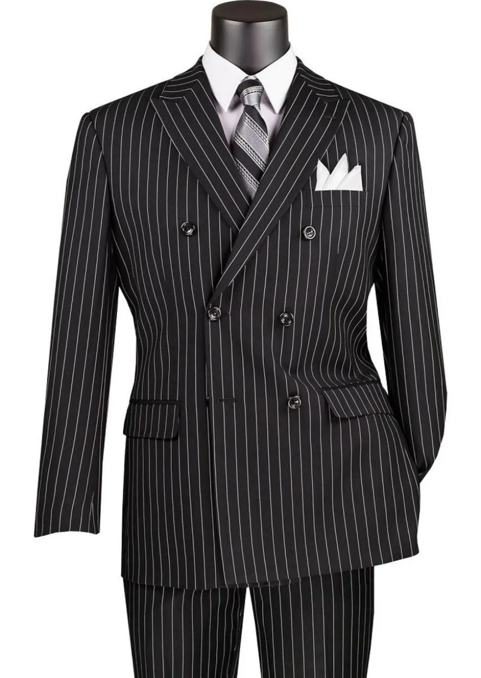 Rockefeller Collection - Double Breasted Stripe Suit Black Regular Fit 2 Piece with Adjustable Waistband Pants