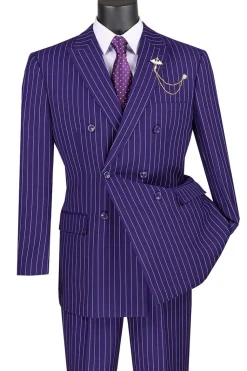 Rockefeller Collection - Double Breasted Stripe Suit Purple Regular Fit 2 Piece with Adjustable Waistband Pants