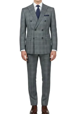 (42R, 46, 54R) Regular Fit Double-Breasted Windowpane Suit - Charcoal