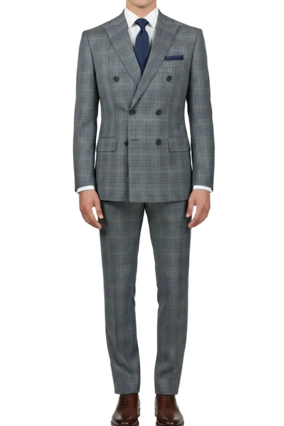 (42R, 46, 54R) Regular Fit Double-Breasted Windowpane Suit - Charcoal