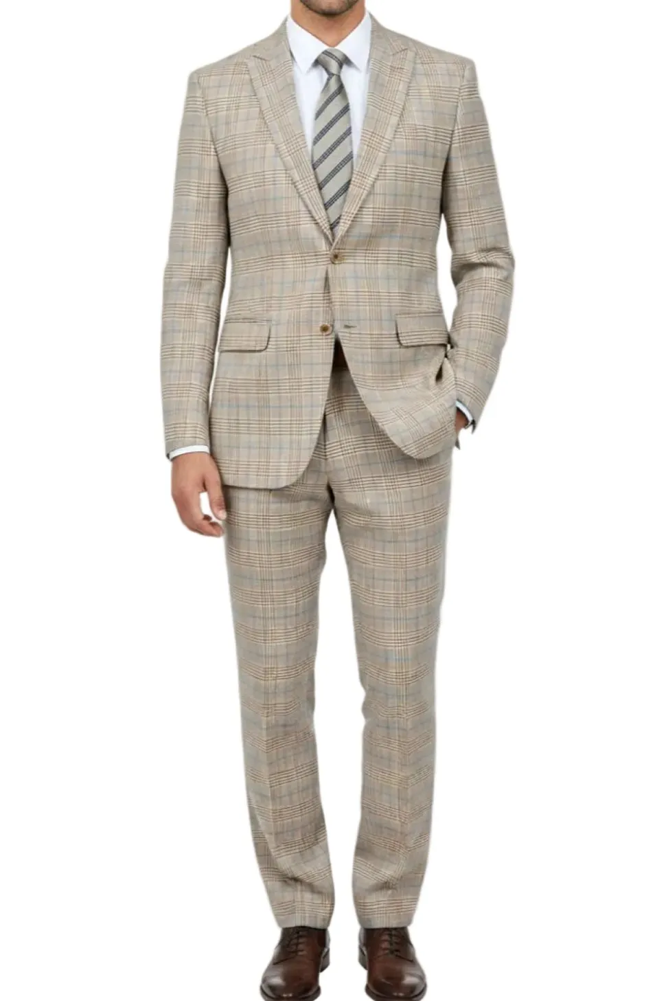 (36R) Slim Fit Beige 2 Piece Glen Plaid Suit