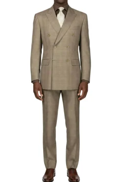 (42R, 42S, 54L, 60L) Tan Double Breasted 2 Piece Suit Regular Fit Glen Plaid