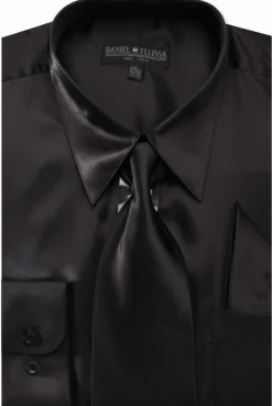 Satin Dress Shirt Convertible Cuff Regular Fit in Black With Tie and Pocket Square