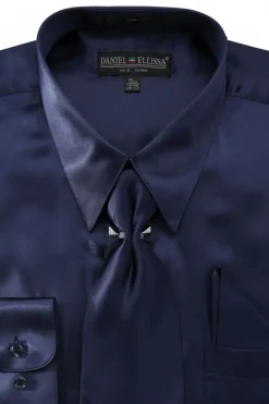 Satin Dress Shirt Convertible Cuff Regular Fit in Navy With Tie And Pocket Square