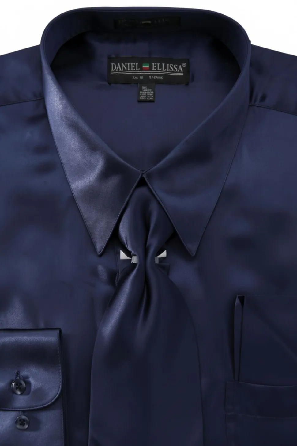 Satin Dress Shirt Convertible Cuff Regular Fit in Navy With Tie And Pocket Square