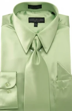Satin Dress Shirt Convertible Cuff Regular Fit In Apple Green With Tie and Pocket Square