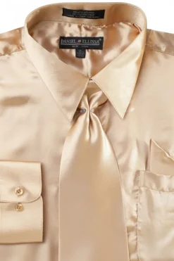 Satin Dress Shirt Convertible Cuff Regular Fit in Taupe With Tie And Pocket Square