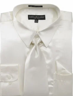 Satin Dress Shirt Convertible Cuff Regular Fit in Ivory With Tie And Pocket Square