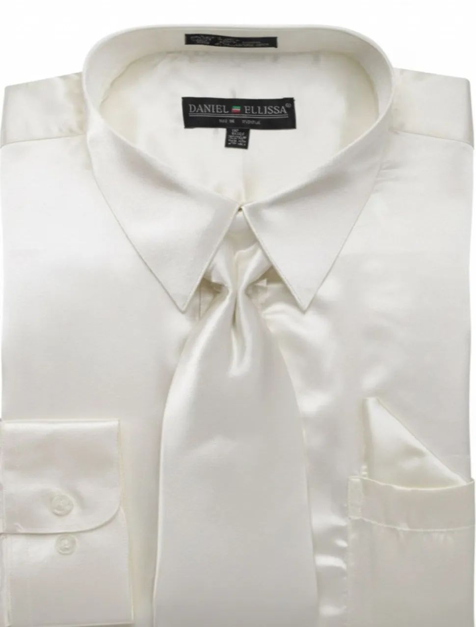 Satin Dress Shirt Convertible Cuff Regular Fit in Ivory With Tie And Pocket Square