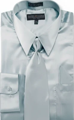 Satin Dress Shirt Convertible Cuff Regular Fit in Light Blue With Tie And Pocket Square