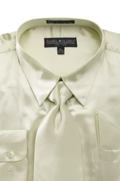 Satin Dress Shirt Convertible Cuff Regular Fit in Olive With Tie And Pocket Square