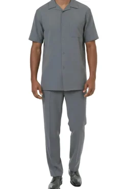 Short Sleeve Summer Walking Suit Set with Flexible Waist Pants - Gray