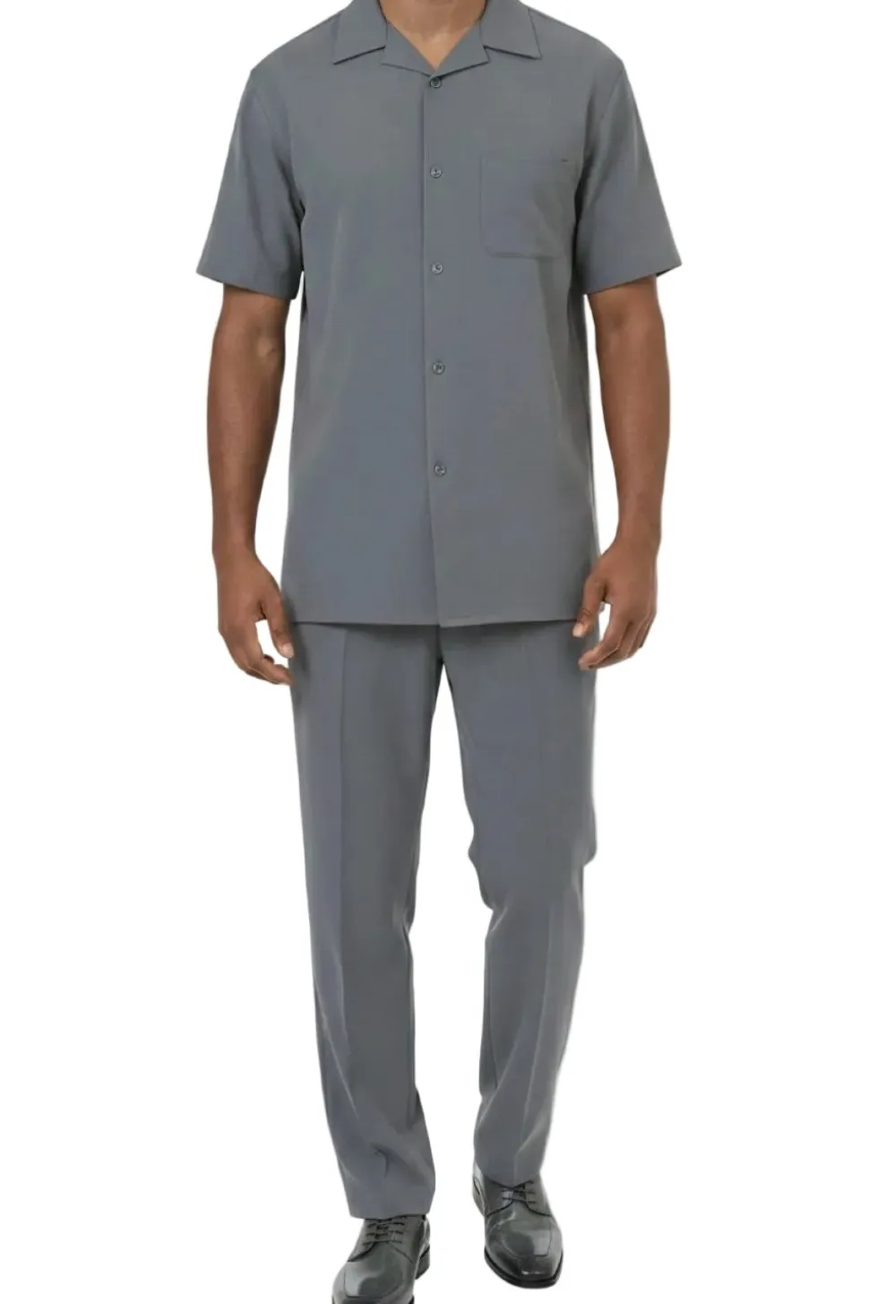 Short Sleeve Summer Walking Suit Set with Flexible Waist Pants - Gray