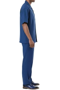 Short Sleeve Summer Walking Suit Set with Flexible Waist Pants - Sapphire Blue