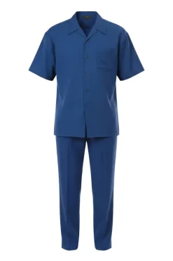 Short Sleeve Summer Walking Suit Set with Flexible Waist Pants - Sapphire Blue