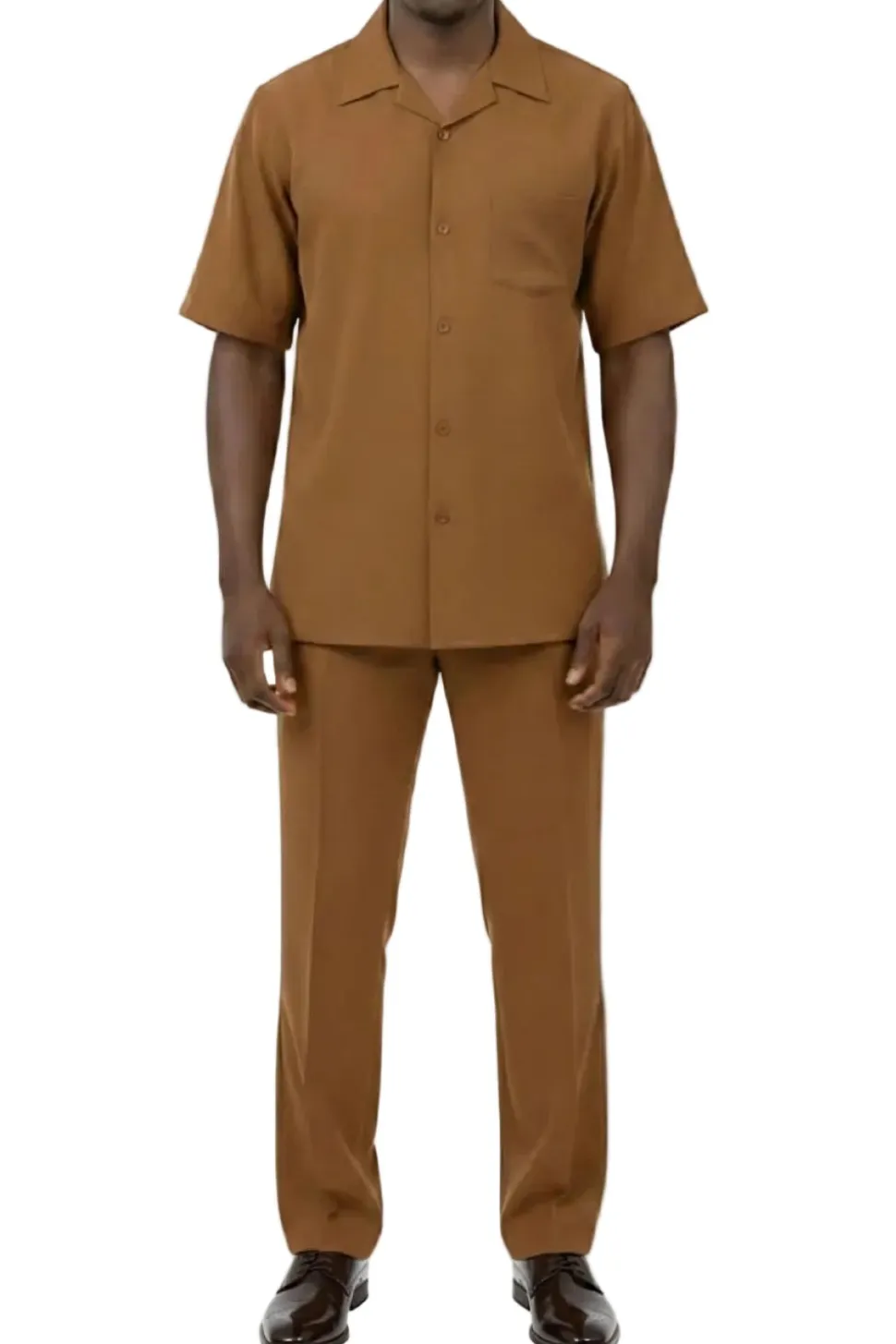 Short Sleeve Summer Walking Suit Set with Flexible Waist Pants - Taupe