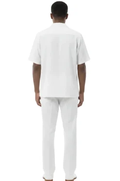 Short Sleeve Summer Walking Suit Set with Flexible Waist Pants - Off White