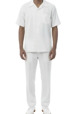 Short Sleeve Summer Walking Suit Set with Flexible Waist Pants - Off White